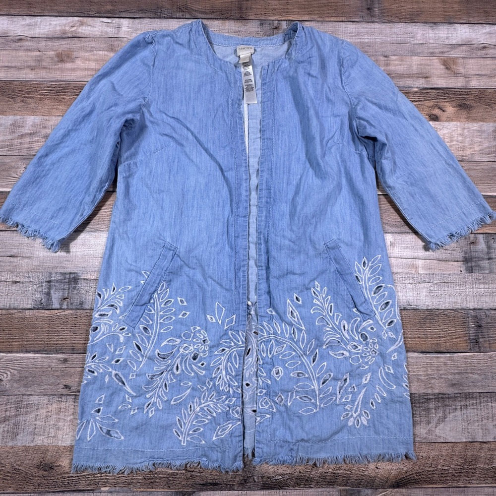 Chicos Blue Chambray Denim Eyelet Embroidered Open Front Duster Jacket Size 1 M